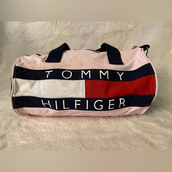 ❌SOLD❌ TOMMY HILFIGER VINTAGE Y2K PINK RED WHITE & BLUE LOGO CANVAS DUFFLE BAG - Picture 4 of 6